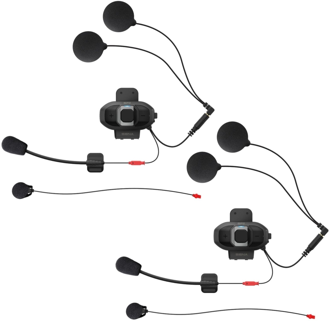 Two black Sena SF2 communication systems with detachable microphones and speakers, featuring a central control button and red connectors for easy setup.