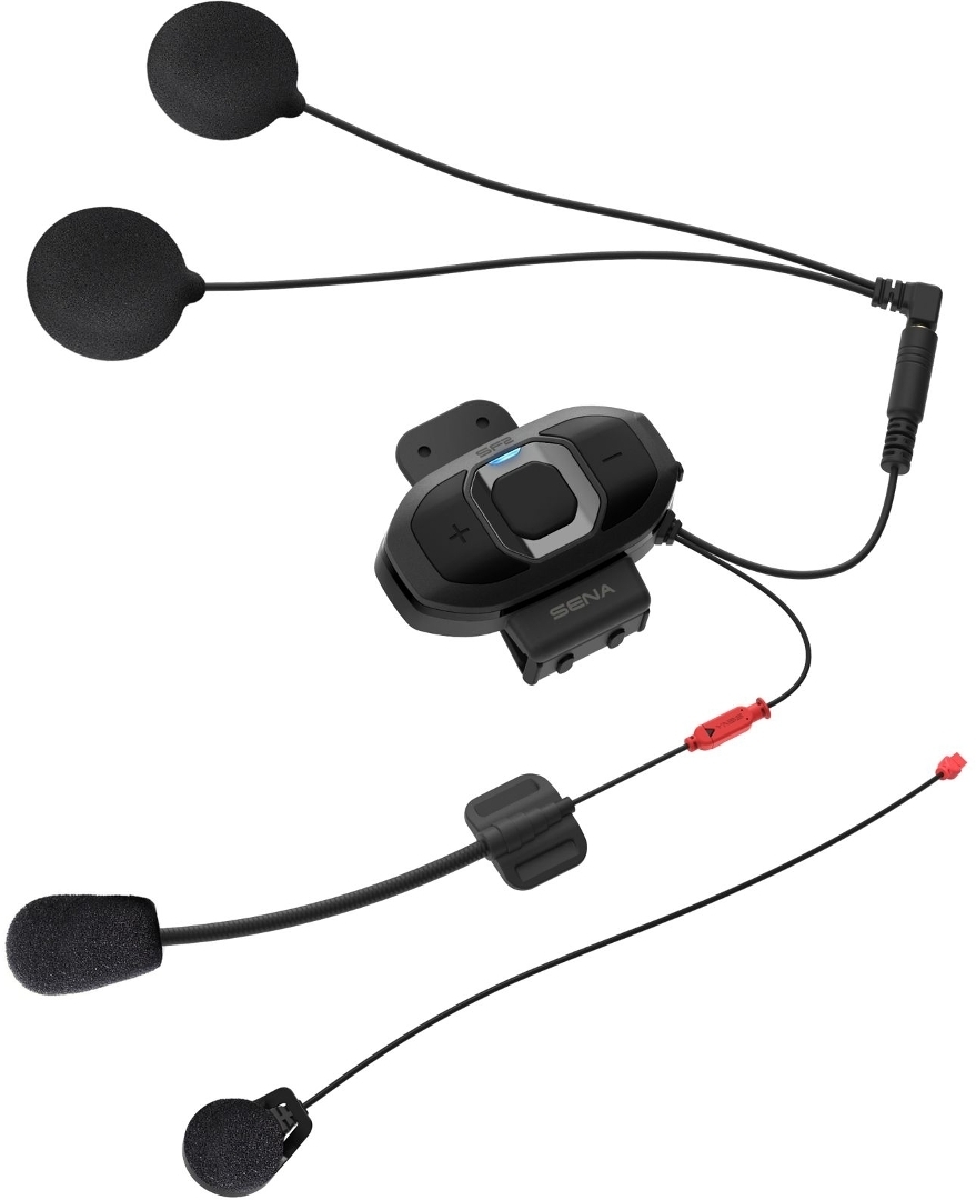 Sena SF2 communication system featuring a black control unit with blue buttons, two black microphones, and a red connector for easy installation.