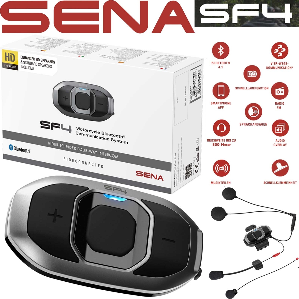 Sena SF4 Bluetooth communication system in black with a sleek design, featuring buttons for control, alongside the product box and icons for key features like Bluetooth 4.1.