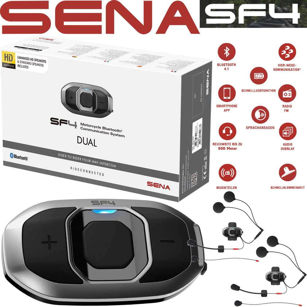Sena SF4 Communication System Twin Pack features a sleek black design with a prominent blue logo, includes two headsets, and supports Bluetooth connectivity for motorcycle communication.