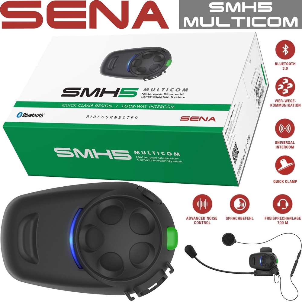 Black Sena SMH5 Multicom communication system with a sleek design, featuring a large button interface, packaged in a colorful box with Bluetooth and intercom icons.