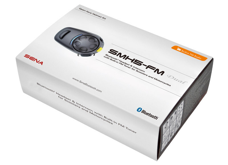 Sena SMH5-FM Bluetooth Communication System Double Pack in a white box featuring a black device with buttons, designed for motorcycle and scooter use, with built-in FM tuner.