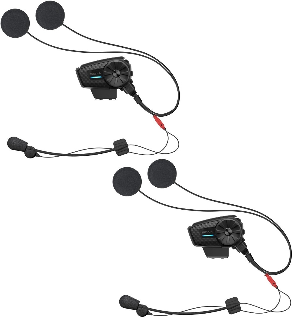 Black Sena Spider RT1 Mesh communication system twin set featuring two speakers, adjustable microphones, and a sleek design for easy installation on helmets.
