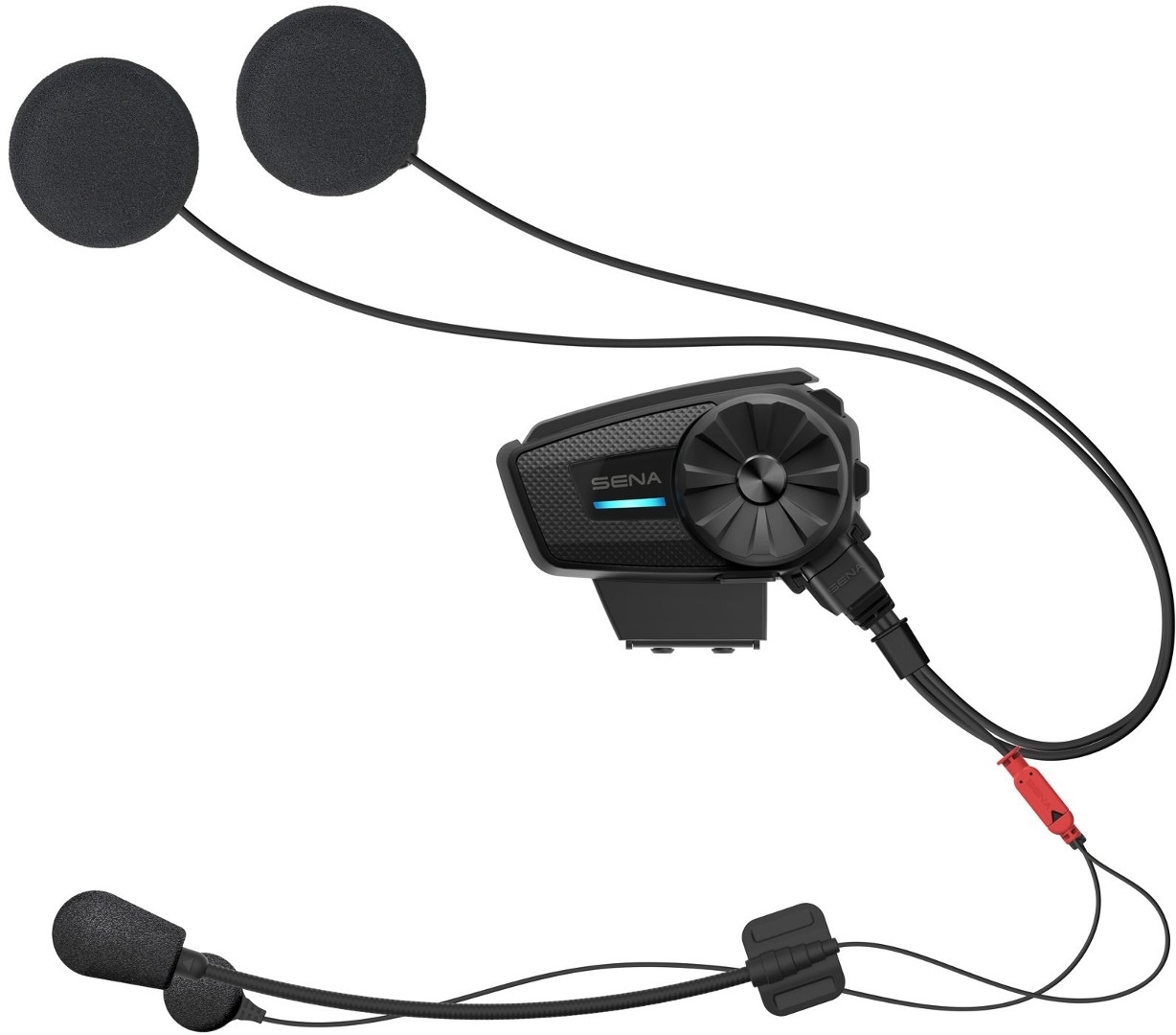 Sena Spider RT1 Mesh communication system in black, featuring a central control unit with a large dial, two black speakers, and a detachable microphone with a red connector.