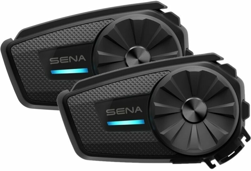 Black Sena Spider ST1 Mesh communication system twin set featuring a textured finish, large control dial, and blue LED indicators for easy operation.