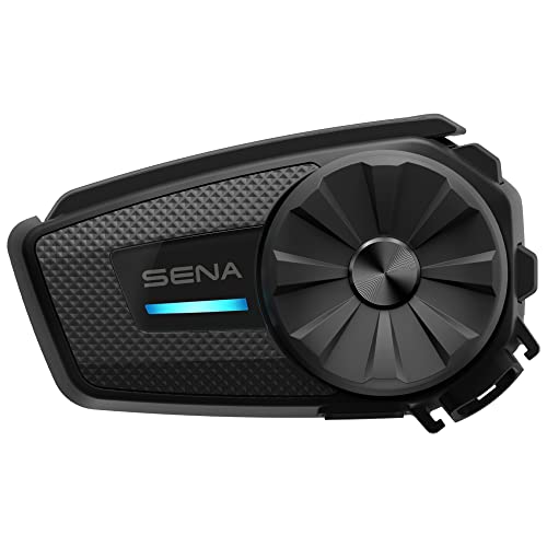 Black Sena Spider ST1 HD Bluetooth communication system with a textured surface, prominent circular control dial, and blue LED indicator, designed for easy attachment to helmets.