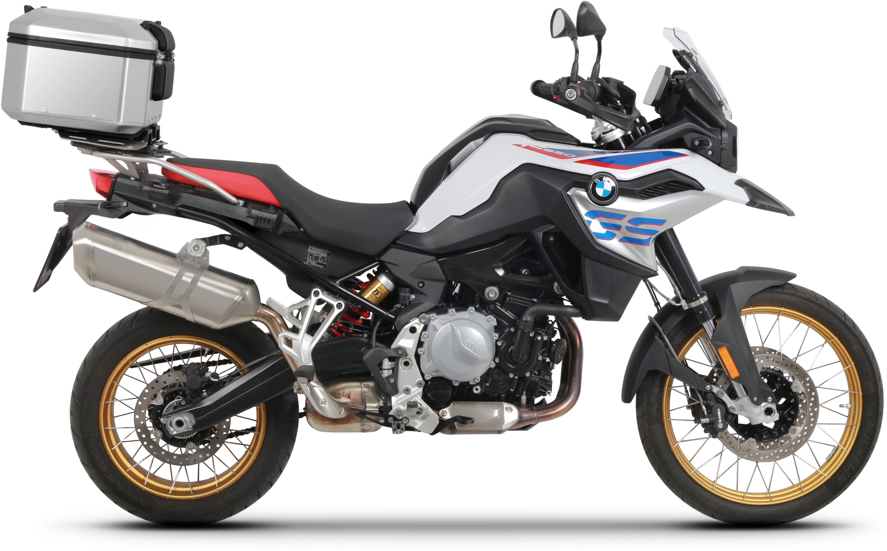 Top Master Topcase Fitting by Shad, featuring a sleek black design, durable material, and compatibility with various motorcycle models, mounted on a BMW motorcycle.