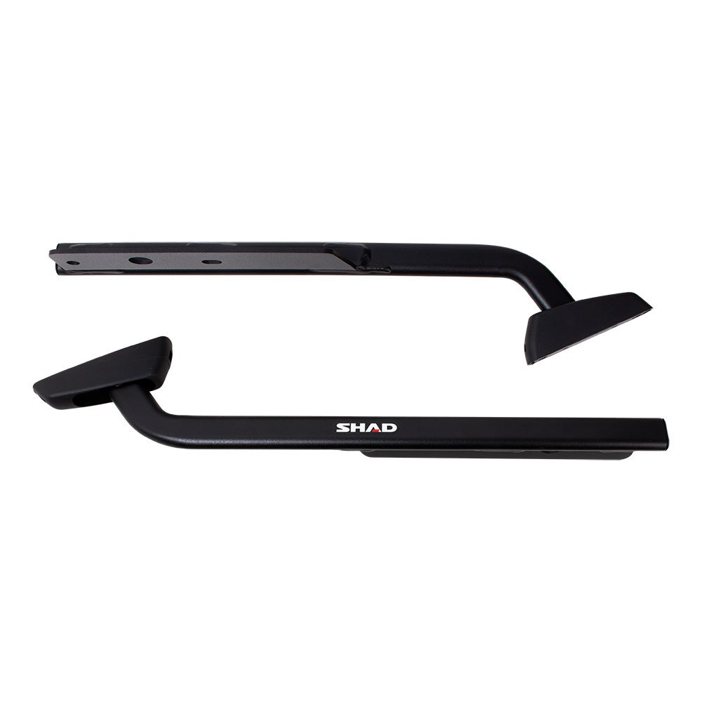 Black Top Master Topcase Fitting by Shad, featuring a sleek metal design with a sturdy structure and angled ends for secure attachment, sized at 65 cm.