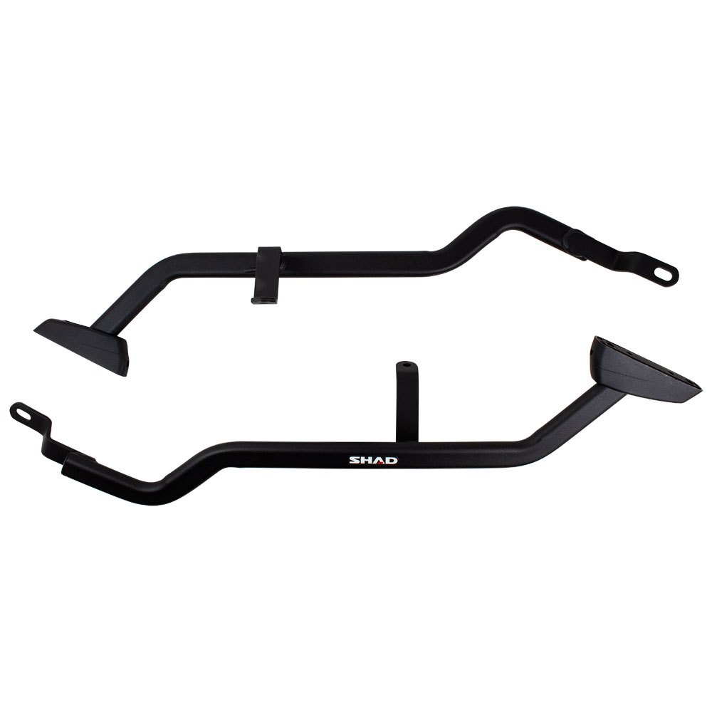 Black metal topcase fitting by Shad, featuring a sturdy, curved design with mounting points and a sleek finish for enhanced durability and style.