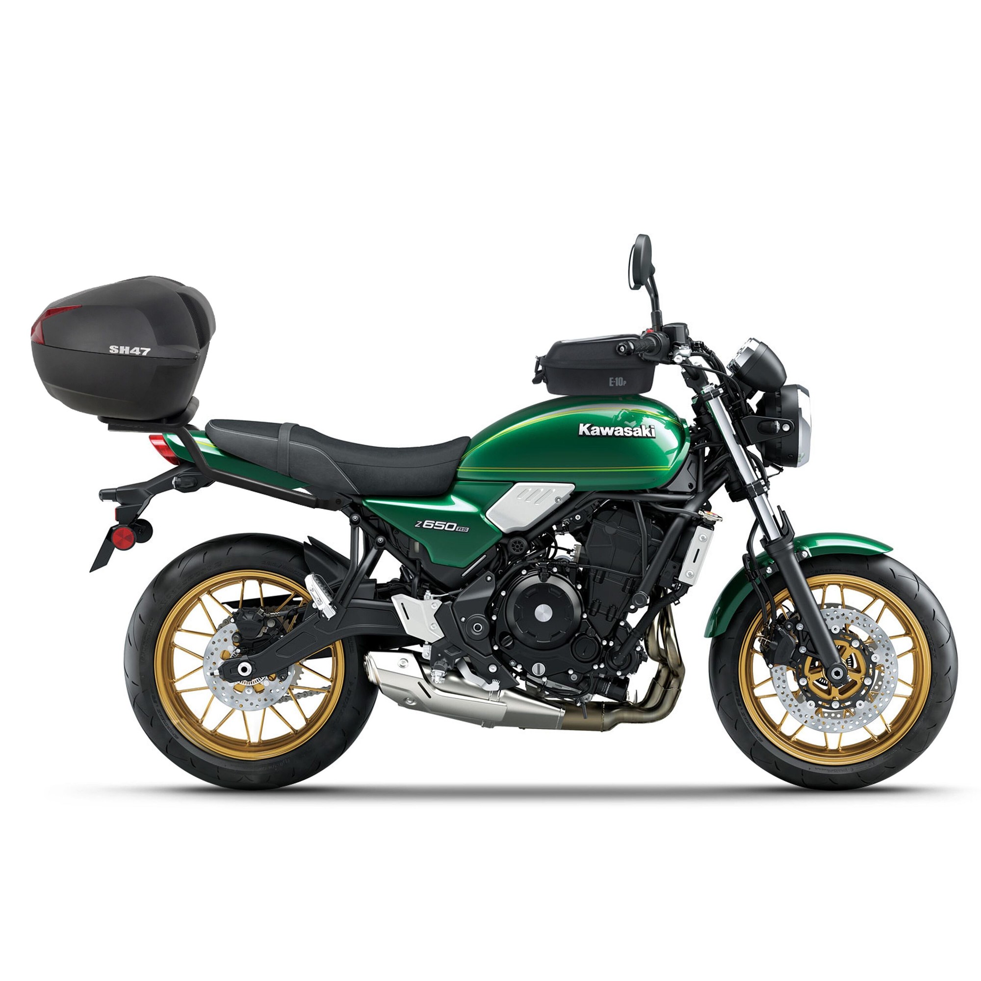 Shad Top Case Fitting Kit for Kawasaki Z 650 RS (21-22) features a sleek black design, durable material, and is designed to securely attach to the motorcycle's rear for added storage.