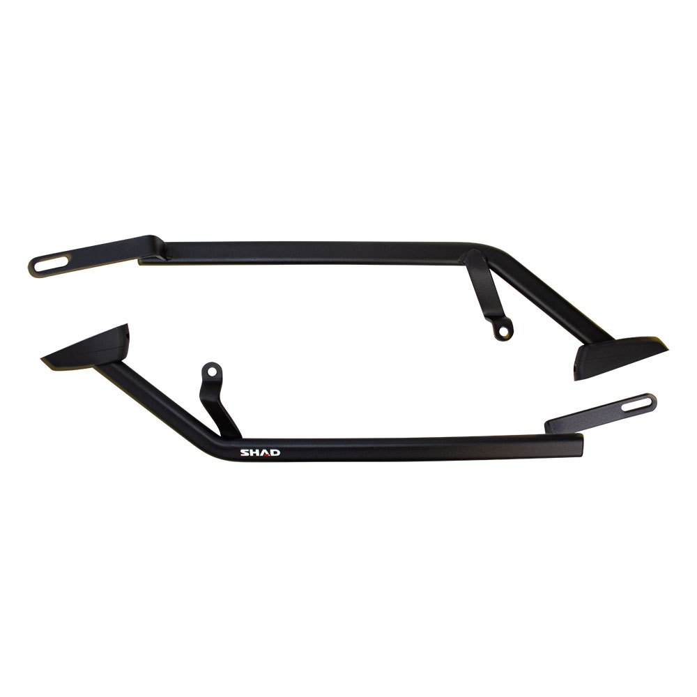 Black metal topcase fitting by Shad, featuring a sturdy frame with multiple attachment points, designed for secure mounting on motorcycles.
