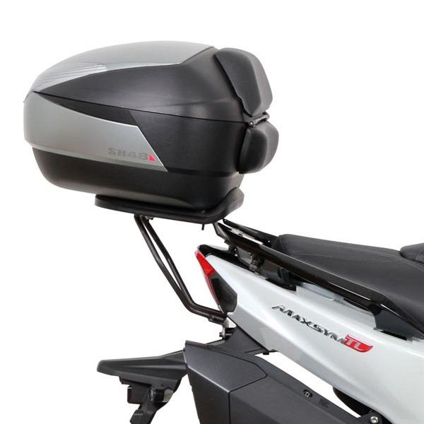 Top Master Topcase Fitting by Shad features a sleek black and silver design, made of durable materials, securely mounted on a motorcycle with a modern aesthetic.