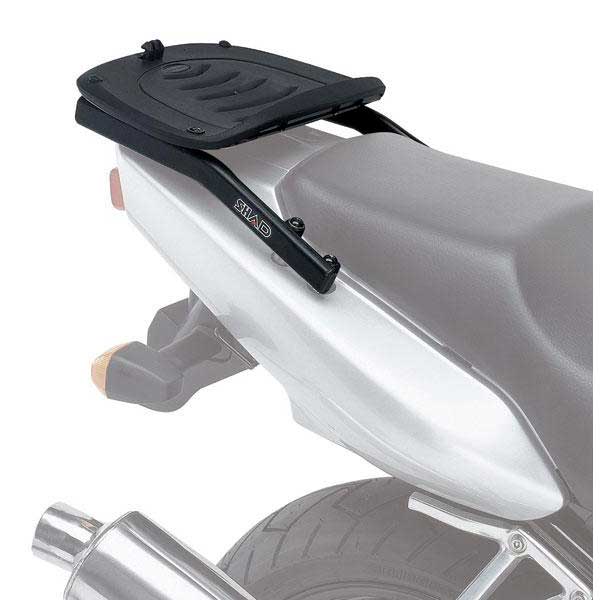 Black Top Master Topcase Fitting by Shad, featuring a sturdy metal frame with a textured surface, designed for secure attachment to motorcycle rear seats.