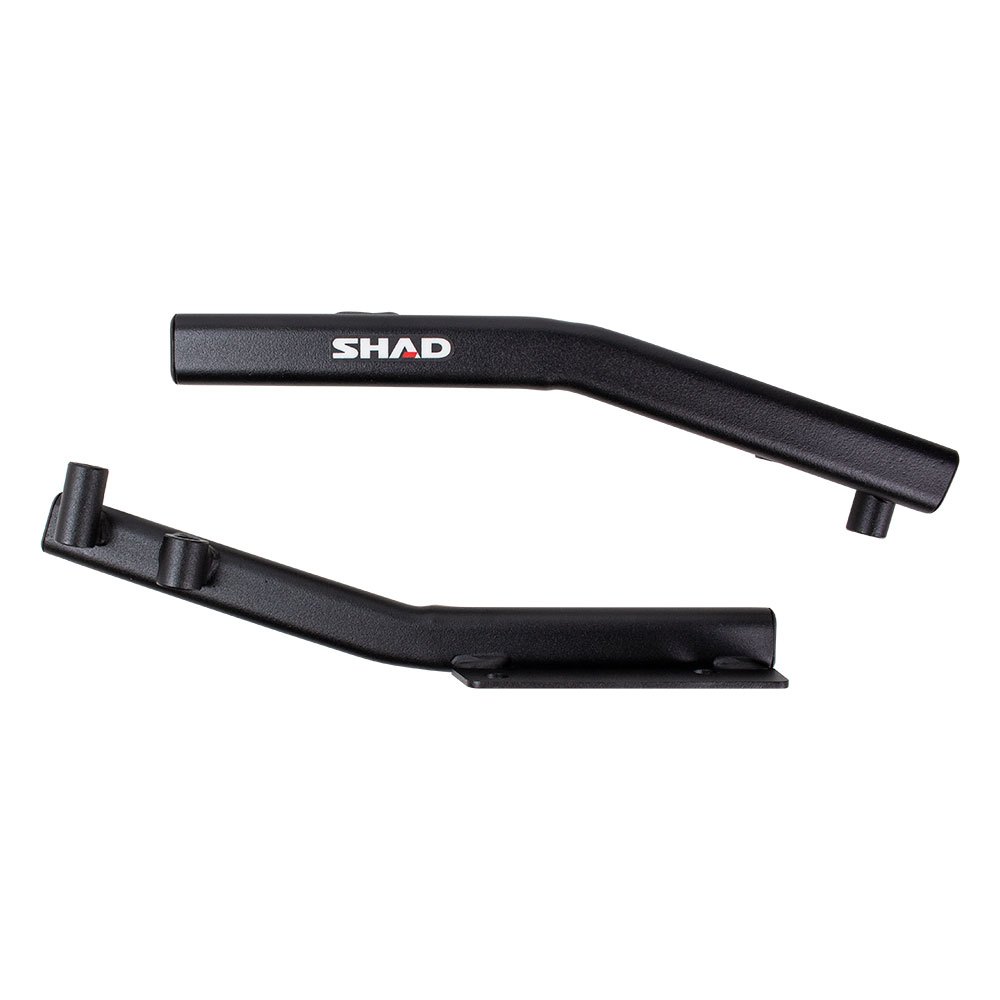 Black topcase fitting by Shad, featuring a sleek, sturdy design with a matte finish, includes two metal brackets for secure attachment.