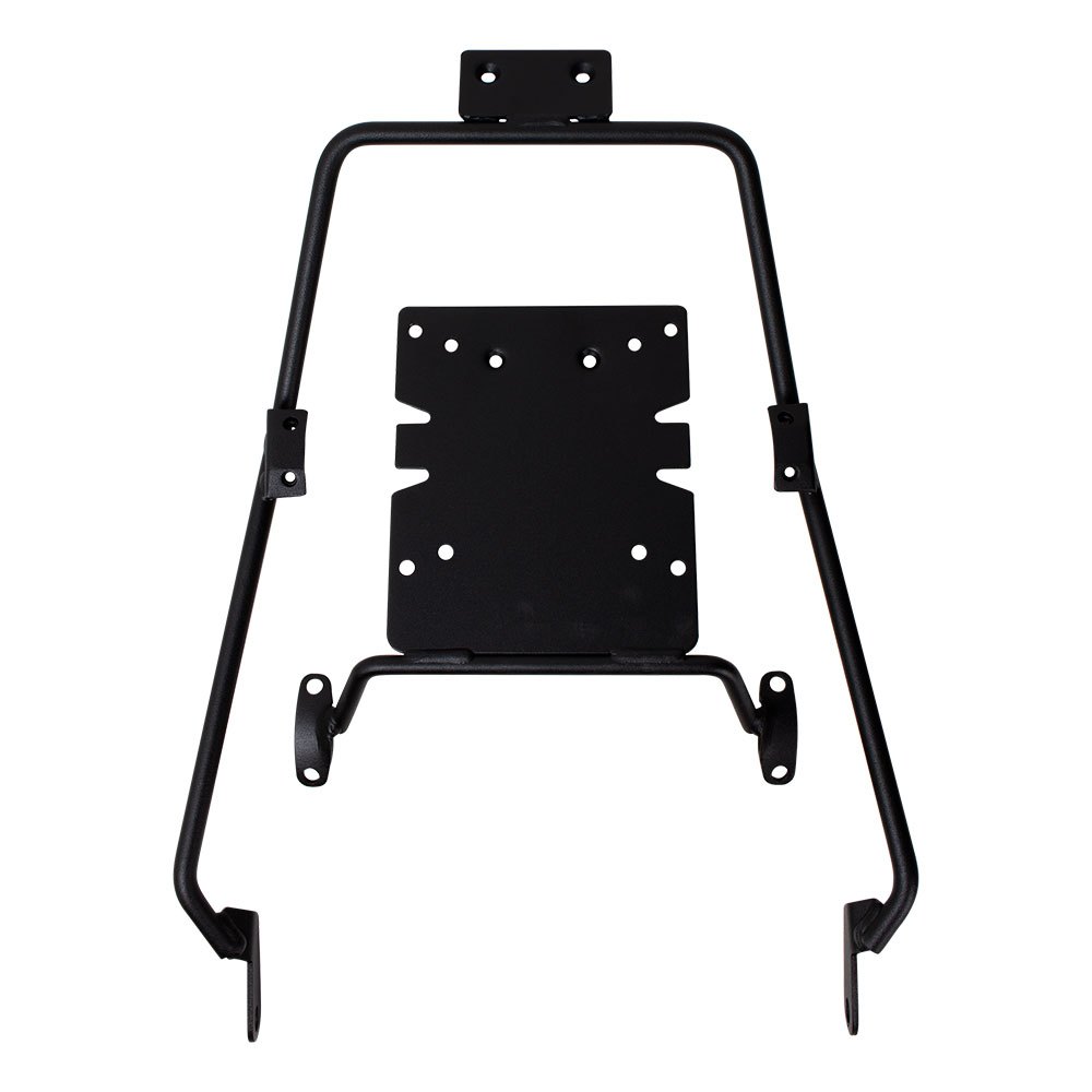 Black metal topcase fitting with a sturdy frame and multiple mounting holes, designed for secure attachment to a motorcycle.