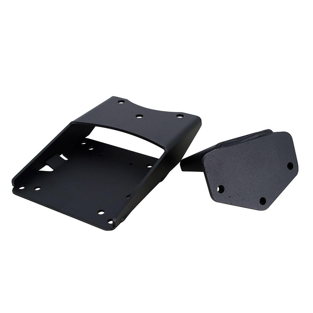 Black metal Top Master Topcase fitting by Shad, featuring a sturdy base with pre-drilled holes for easy installation and a compact design, suitable for 25 cm top cases.