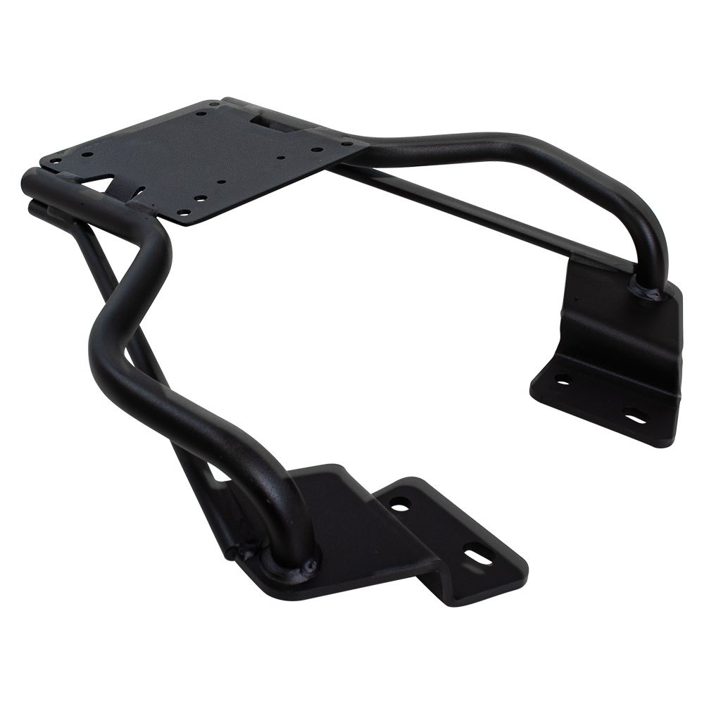 Black metal topcase fitting with a sturdy frame, featuring mounting points and a flat base for secure attachment, designed for motorcycle luggage systems.