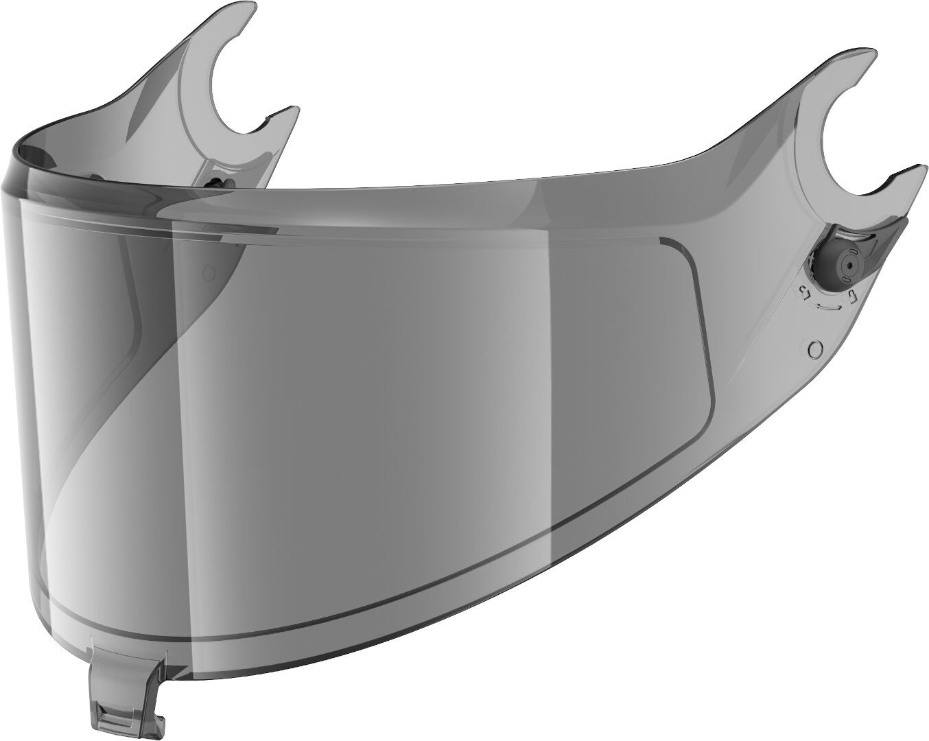 Clear, curved visor shield with a sleek design, featuring a dark tint and side mounting points, made from durable plastic material for enhanced visibility and protection.