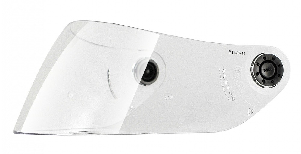 Clear, curved shield for a helmet, featuring a central mounting point and ventilation holes, designed for optimal visibility and airflow.