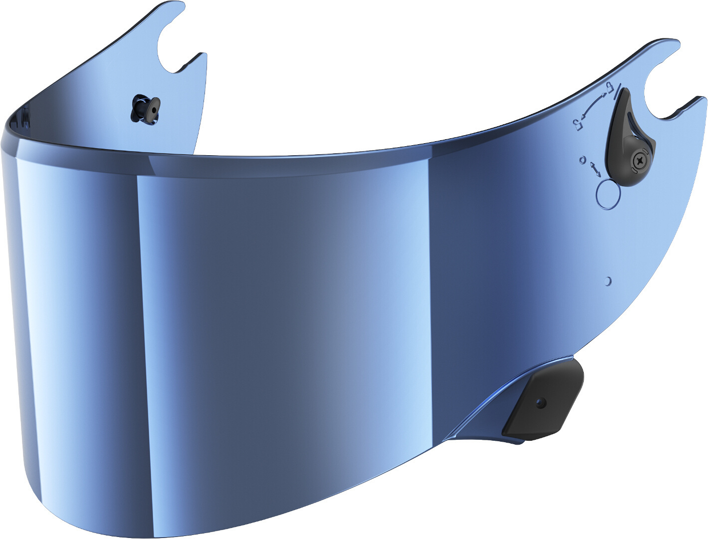 Mirrored blue shield visor for helmets, featuring a smooth, curved design with mounting points for secure attachment and a sleek, glossy finish.