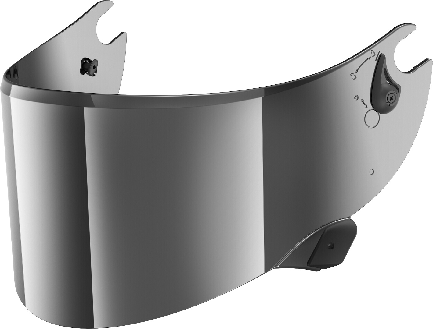 Shield mirrored visor in sleek black, made of durable material, featuring a smooth, reflective surface and adjustable mounting points for secure attachment.