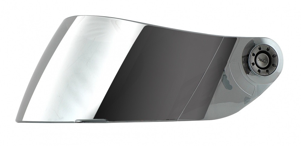 Shield mirror visor in a sleek, curved design, featuring a reflective surface and a circular attachment point on one side, made from durable plastic material.