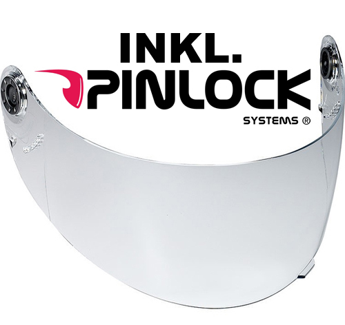 Clear, curved visor designed for Shark helmets, featuring Pinlock technology for fog resistance, with mounting points for secure attachment.