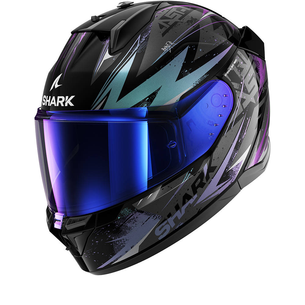Full-face helmet in black with vibrant purple and blue graphic designs, featuring a tinted visor and Shark branding on the front and sides.