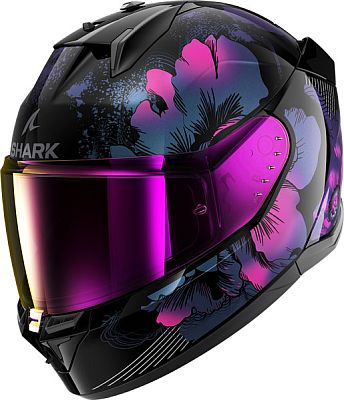 Full-face helmet featuring a glossy black finish with vibrant pink and blue floral designs, a mirrored visor, and aerodynamic shape for enhanced performance.