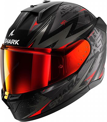 Full-face helmet by Shark in black with striking red and gray graphics, featuring a large tinted visor and aerodynamic design for enhanced performance.