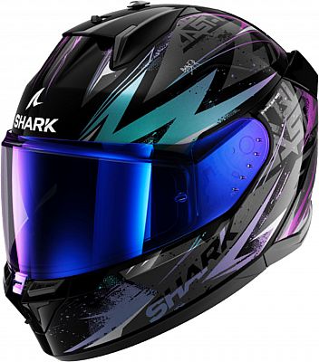 Full-face helmet in black with vibrant purple and teal graphics, featuring a tinted visor and aerodynamic design, made from durable materials for safety and comfort.