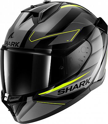 Full face helmet in grey and black with neon yellow accents, featuring a sleek aerodynamic design, a tinted visor, and the Shark logo prominently displayed. Size XS.