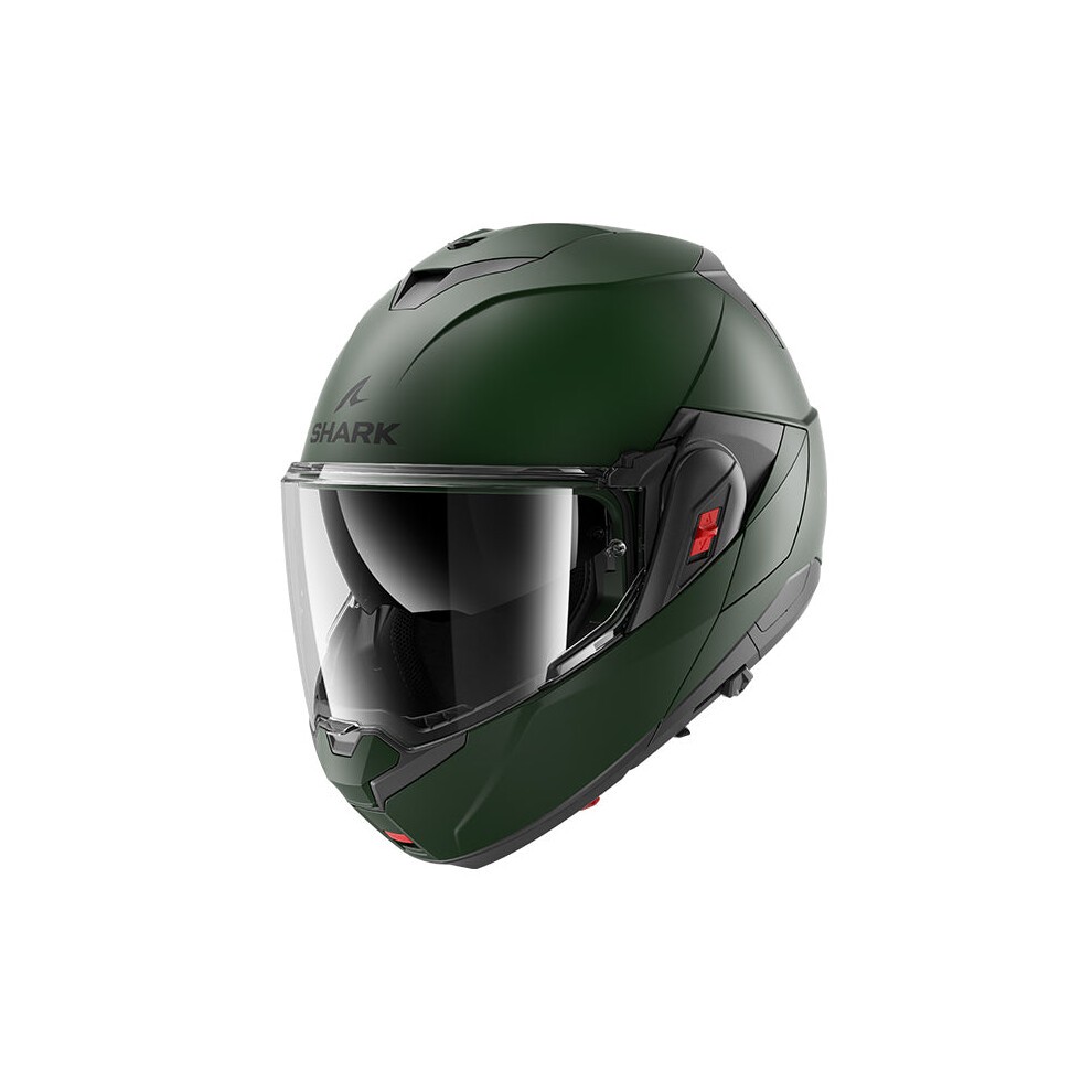 Matt green modular helmet by Shark, size M, featuring a sleek design, clear visor, and ventilation openings for enhanced airflow.