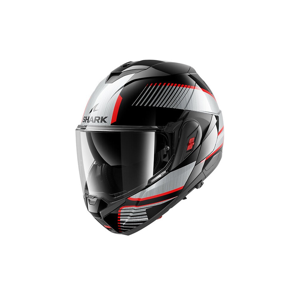 Black, silver, and red modular helmet by Shark, featuring a sleek design, tinted visor, and aerodynamic shape, size L.