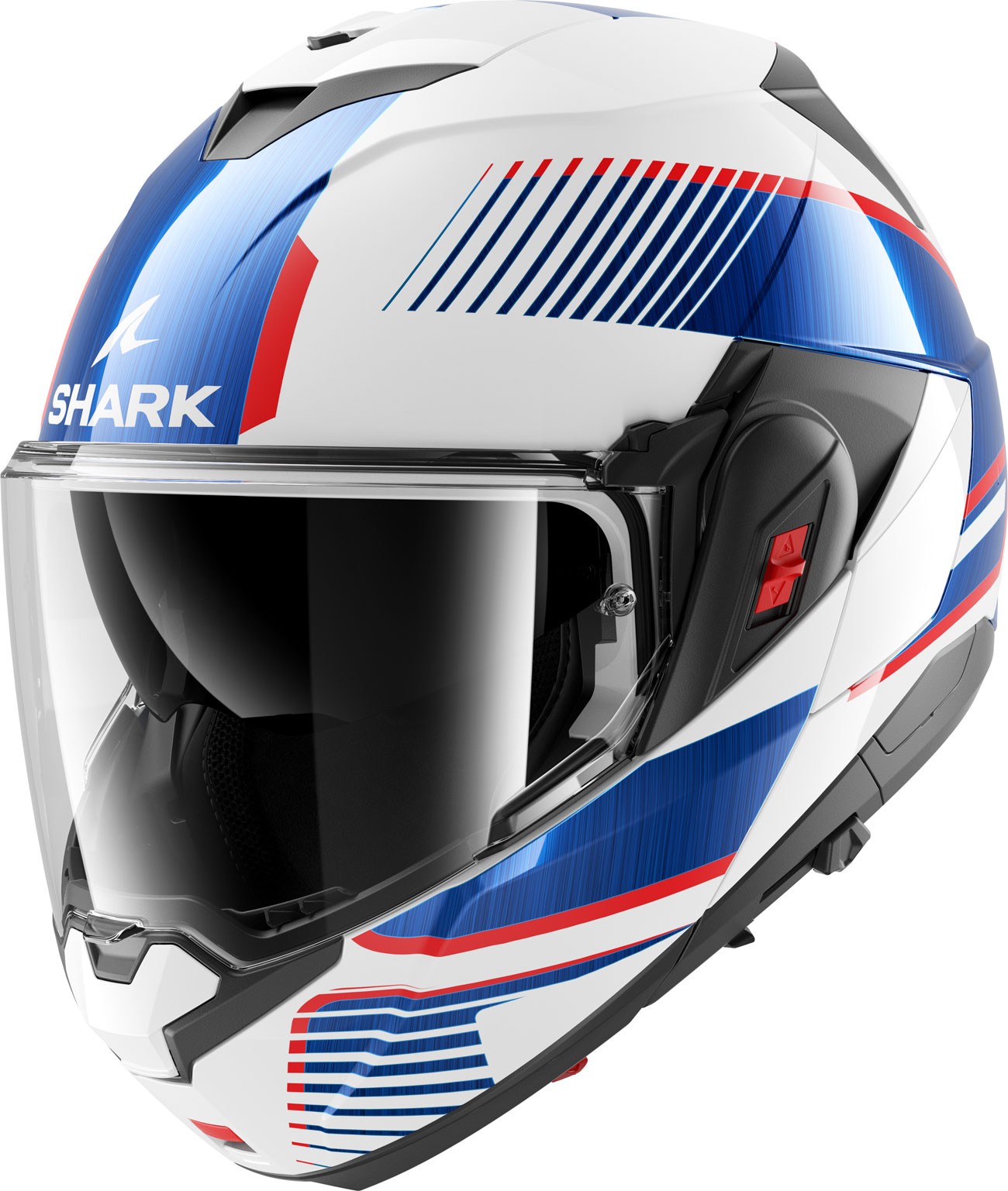 Modular Shark OXO Sikter helmet in white, blue, and red, featuring a sleek design, tinted visor, and side controls, sized small.