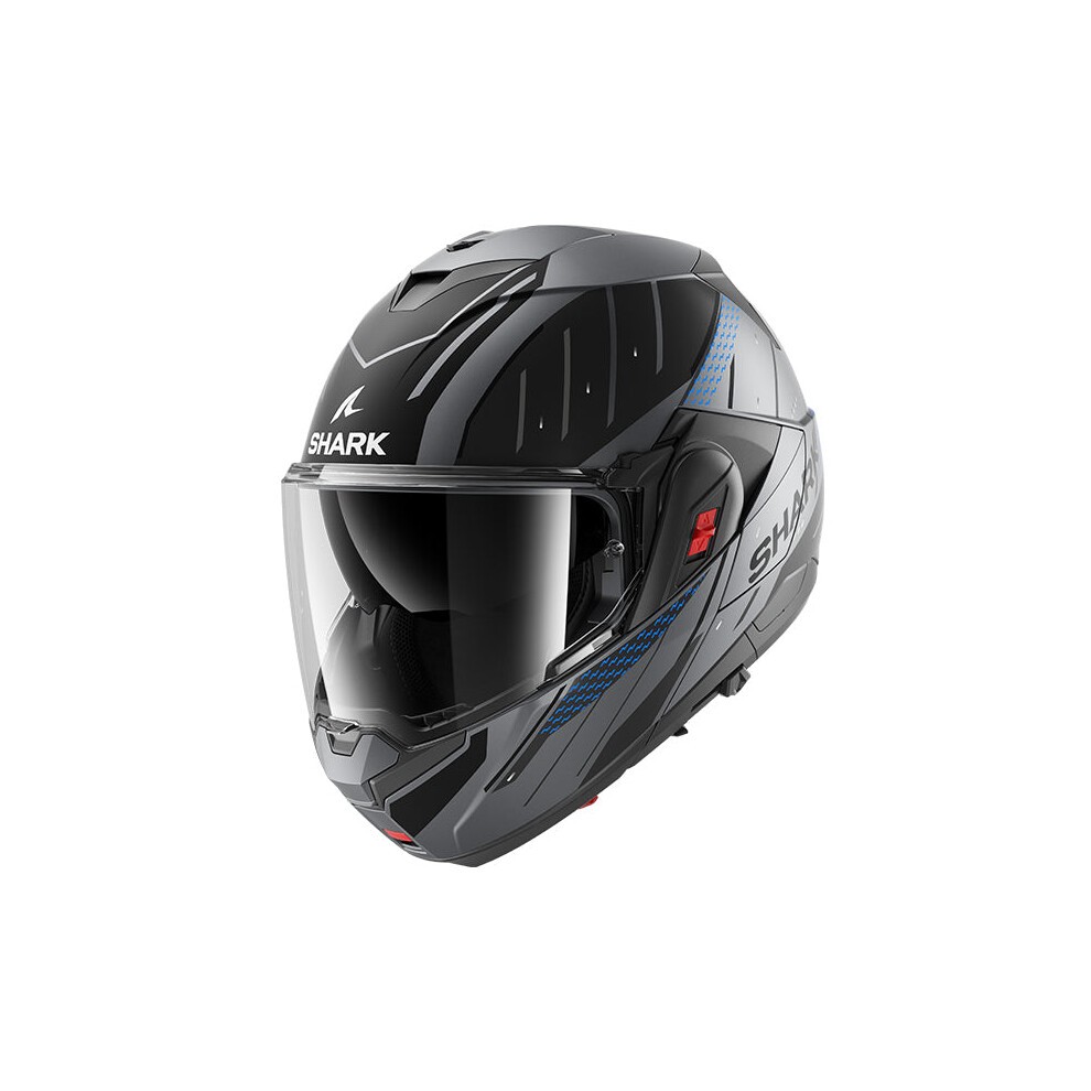 Modular Shark OXO Rydger helmet in matte black with grey and blue accents, featuring a clear visor and size XL for optimal fit and protection.