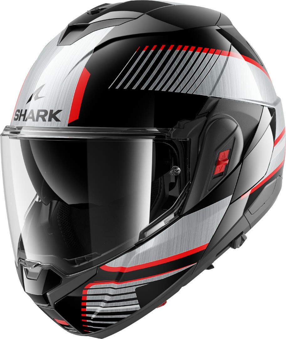 Black, silver, and red modular helmet by Shark, featuring a sleek design, clear visor, and size XL, showcasing distinctive graphic patterns and a modern finish.