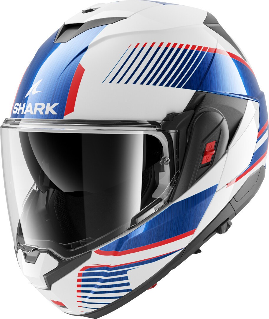 Modular Shark OXO Sikter helmet in white with blue and red accents, featuring a clear visor, sleek design, and size XL for optimal fit and comfort.