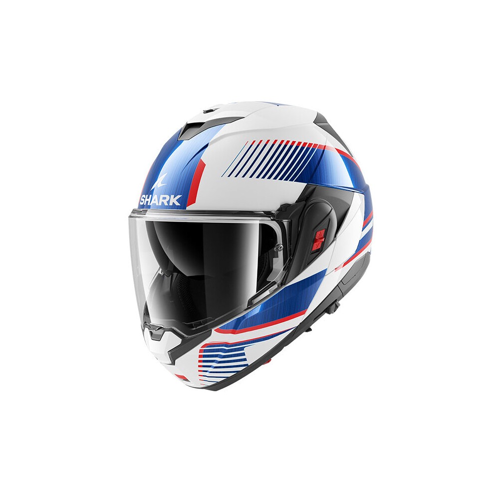 Modular Shark OXO Sikter helmet in white, blue, and red, featuring a sleek design, clear visor, and size XS, ideal for motorcycle enthusiasts.