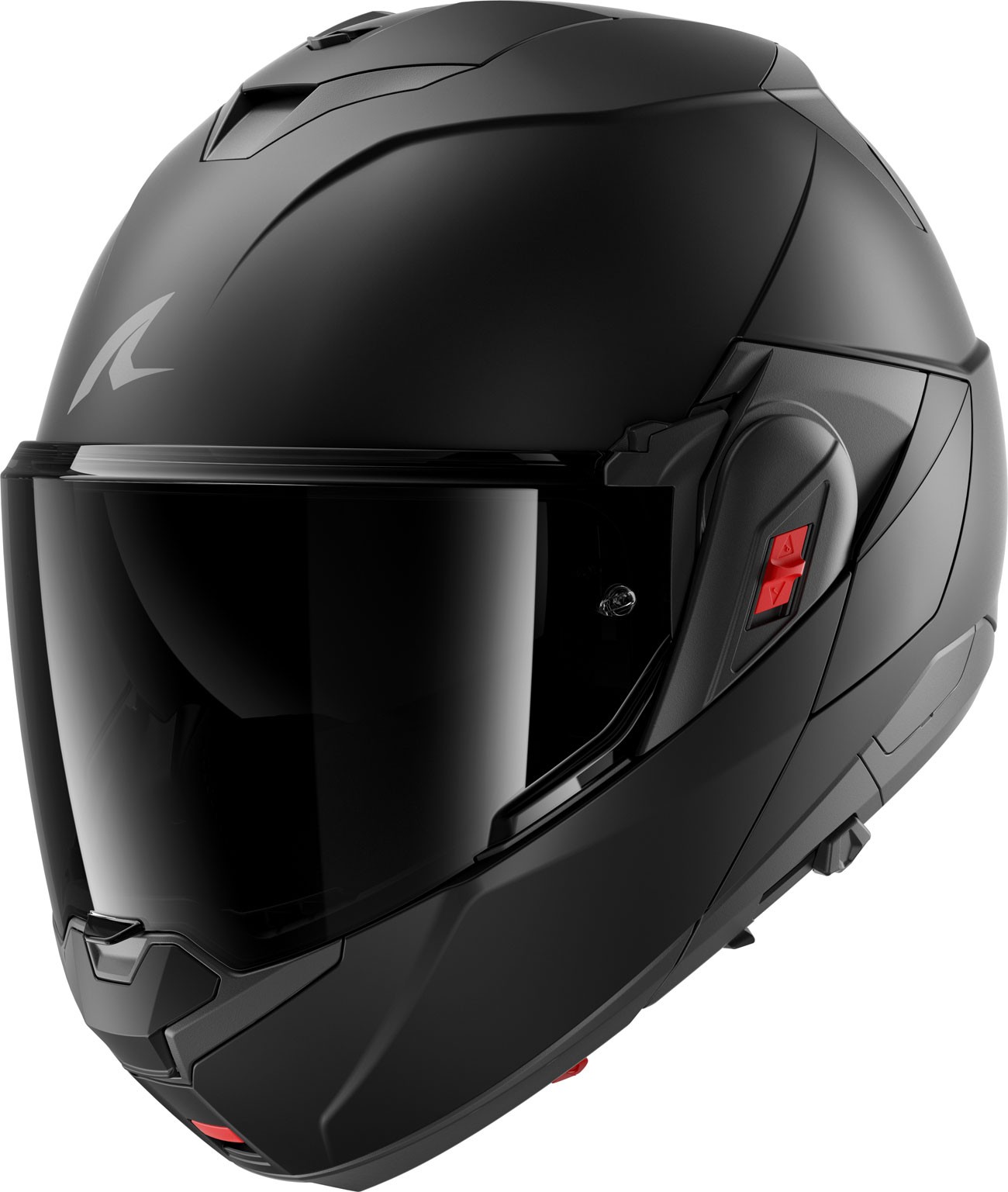 Matt black modular helmet by Shark, model OXO Dark Shadow, features a sleek design, tinted visor, and size XXL with prominent red buttons on the side.