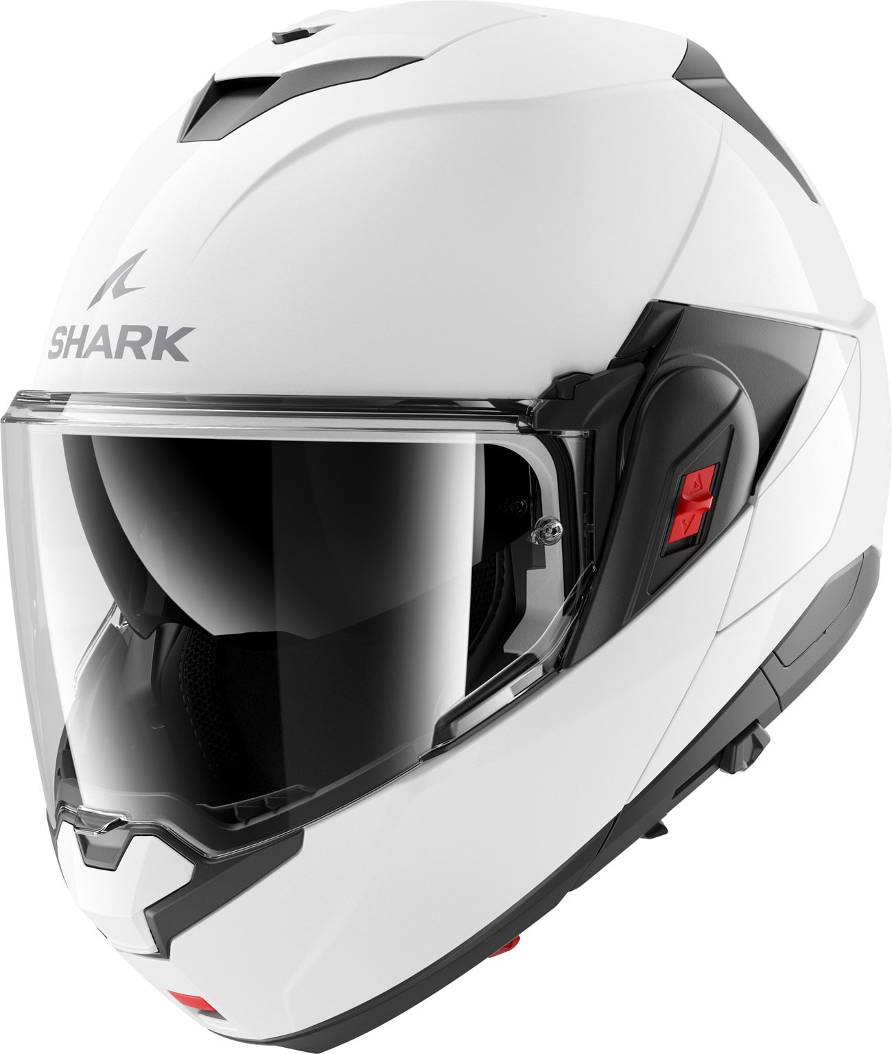 White Shark OXO Blank modular helmet in size L, featuring a sleek design, large tinted visor, and red control buttons on the side for easy adjustments.