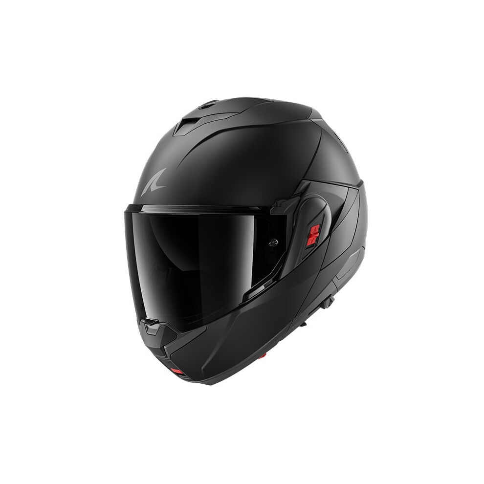 Modular Shark OXO Dark Shadow helmet in matte black, featuring a sleek design, large tinted visor, and size XS for a snug fit.