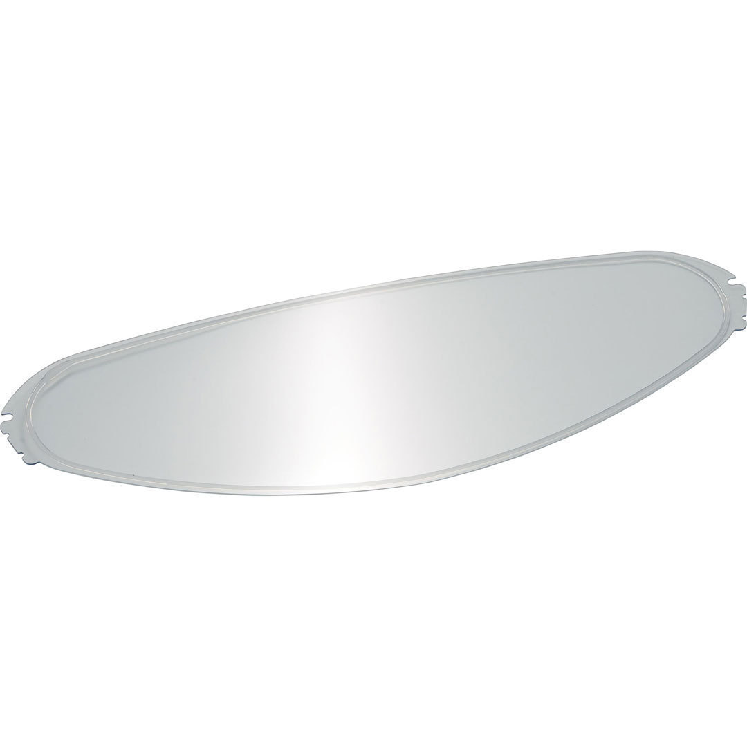 Clear, elongated Pinlock lens designed for Shark helmets, featuring a smooth surface and curved edges for optimal visibility and fit.