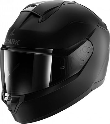 Matte black full-face helmet by Shark, featuring a sleek aerodynamic design, tinted visor, and adjustable ventilation system for enhanced comfort and safety.