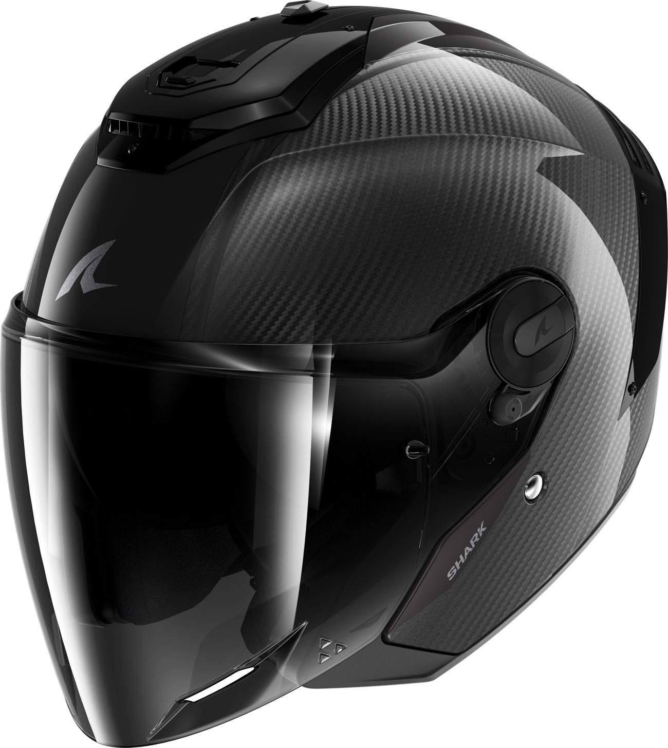 Black Shark RS Jet Carbon Skin open face helmet in size M, featuring a sleek carbon fiber texture, clear visor, and adjustable ventilation system.