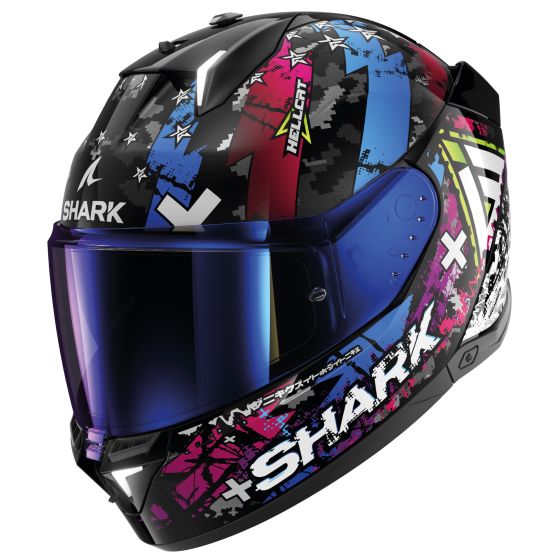 Full face helmet in black, silver, and blue with a striking graphic design, featuring a tinted visor and Shark branding, size L.