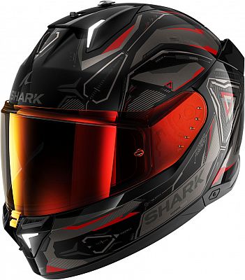 Black full-face helmet with red and silver accents, featuring a tinted visor, aerodynamic design, and ventilation ports, branded with the Shark logo.