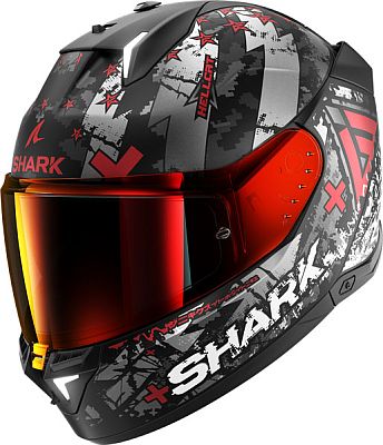Full face Shark Skwal I3 Hellcat helmet in matte black, silver, and red, featuring a sleek design, bold graphics, and a tinted visor, size M.