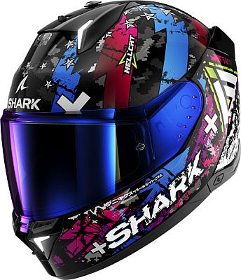 Full face Shark Skwal I3 Hellcat helmet in black, silver, and blue with a glossy finish, featuring bold graphics and a tinted visor. Size XL.