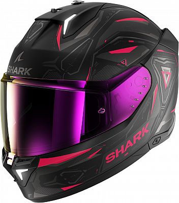 Sleek matte black motorcycle helmet featuring bold red and pink accents, a tinted visor, aerodynamic design, and Shark branding on the side.